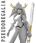 2_horns anthro antlers big_breasts blue_eyes bracelet breasts butt butt_from_the_front clothed clothing curvy_figure dream_breaker_(pseudoregalia) eyelashes female fingers floppy_ears front_view fully_clothed fur grey_body grey_fur grey_hair hair hip_tuft holding_melee_weapon holding_object holding_sword holding_weapon horn hourglass_figure jewelry leggings legwear melee_weapon mouth_closed pupils simple_background small_waist solo standing sword text thick_thighs thigh_gap topwear tuft weapon white_background white_clothing white_leggings white_legwear white_pupils white_topwear wide_hips yellow_bracelet ertoles pseudoregalia sybil_(pseudoregalia) bovid caprine goat jackalope lagomorph leporid mammal rabbit 2024 absurd_res copyright_name digital_media_(artwork) hi_res portrait shaded three-quarter_portrait