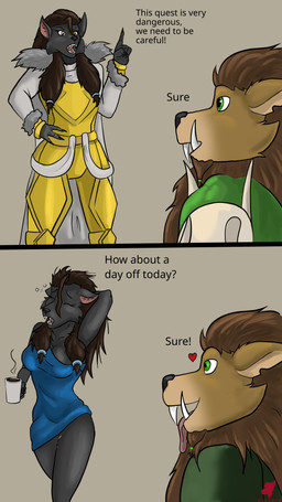 anthro armor bite_mark bite_mark_on_leg black_body black_fur black_hair black_nose breasts brown_body brown_fur brown_hair cape clothed clothed_anthro clothed_female clothed_male clothing coffee_mug dialogue duo fangs female fur green_eyes hair male male/female off_shoulder simple_background tan_background teeth text tongue tongue_out yellow_eyes harkrun blizzard_entertainment druids_the_comic warcraft amo_(amocin) shaidan_(amocin) canid mammal werecanid werecreature worgen 9:16 comic english_text hi_res