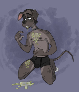 anthro bodily_fluids briefs clothing collar ear_piercing ear_ring emetophilia half-closed_eyes hand_on_own_belly ill kneeling male narrowed_eyes piercing ring_piercing solo studded_collar studs underwear vomit vomit_on_leg vomiting cadaverrdog dutch_(cadaverrdog) bird_dog canid canine canis dalmatian domestic_dog hunting_dog labrador mammal mixed_breed retriever hi_res
