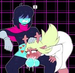 2022 absurd_res anthro balls blonde_hair blue_body blue_skin blush bodily_fluids clothed clothing cum cum_drip cum_from_mouth cum_in_mouth cum_inside deep_throat deer deltarune dripping duo fellatio female genital_fluids genitals hair heart_symbol hi_res human human_on_anthro interspecies kris_(deltarune) leaking_cum looking_pleasured male male/female mammal mehdrawings new_world_deer noelle_holiday oral oral_penetration penetration penile reindeer sex undertale_(series)