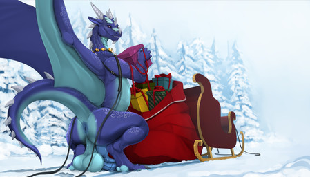 anus balls big_balls big_butt big_penis black_sclera blue_anus blue_knot blue_penis box butt calendar calendar_graphic calendar_pinup container erection feral genitals gift gift_box holidays horn knot looking_at_viewer male penis perineum purple_eyes raised_tail ridged_knotted_penis ridged_penis santa's_sleigh sleigh snow solo tail text white_horn ishiru christmas mythology dimitri_(anthrodragon) dragon mythological_creature mythological_scalie scalie absurd_res english_text hi_res