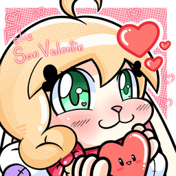 anthro blonde_hair blushing_at_viewer braided_hair chibi collar eyelashes female green_eyes hair happy heart_(marking) heart_symbol holidays long_ears markings pink_nose smile solo text juanoh_uwu valentine's_day mellea_(melleacomic) lagomorph leporid mammal rabbit 1:1 absurd_res hi_res
