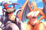 anthro areola beach big_breasts bikini breasts camel_toe clothing duo female membrane_(anatomy) membranous_wings nipple_outline seaside swimwear thick_thighs tongue tongue_out two-piece_swimsuit wings sk3tchk4t nintendo pokemon charizard garchomp generation_1_pokemon generation_4_pokemon pokemon_(species) hi_res