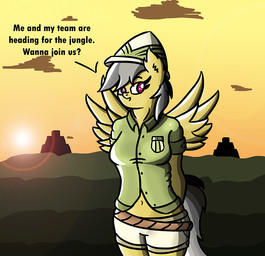 anthro anthrofied armor bottomwear brown_body brown_feathers clothed clothing feathered_wings feathers female fur hair headgear helmet looking_at_viewer navel pith_helmet rope shirt shorts solo sunset temple text topwear wings sparkdraws friendship_is_magic hasbro my_little_pony mythology daring_do_(mlp) equid equine mammal mythological_creature mythological_equine pegasus 2014 english_text