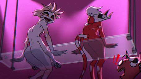 4_arms against_surface anthro arm_tuft ass_on_glass butt duo elbow_tuft fur glass hair horn male multi_arm multi_limb nude on_glass on_surface red_body scar shoulder_tuft simple_background smile spots spotted_legs spotted_shoulders tail tuft prismanoodle hazbin_hotel hellaverse helluva_boss fan_character luciano terry_(prismanoodle) arachnid arthropod demon humanoid imp spider 16:9 hi_res widescreen