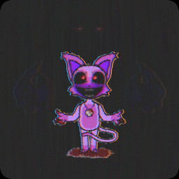 anthro blood blood_on_hand blood_splatter blood_stain bodily_fluids creepy creepy_face creepy_smile glitch_effect horror_(theme) looking_at_viewer male multiple_forms pose purple_body red_eyes shadow smile solo vhs_filter felinefelony05 mob_entertainment poppy_playtime smiling_critters fan_character mooncat_(felinefelony05) domestic_cat felid feline felis ghost mammal spirit 1:1