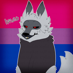 anthro bisexual_pride_colors cheek_tuft cloak clothed clothing ears_up facial_markings facial_tuft fluffy fluffy_tail fur fuzzy gold_(metal) gold_tooth grey_body grey_fur grin half-closed_eyes head_markings lgbt_pride lmao male markings mask_(marking) narrowed_eyes neck_tuft outline pointy_ears poncho prick_ears pride_color_background pride_colors red_eyes simple_background smile solo standing tail teeth text tuft hakota dreamworks puss_in_boots_(franchise) death_(puss_in_boots) canid canine canis mammal wolf 1:1 hi_res