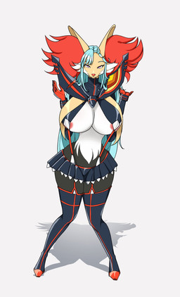 anthro big_breasts blue_hair bottomwear breasts clothing cosplay female fur gloves hair handwear orange_body orange_fur pose purple_eyes skirt smile solo suspenders yellow_body yellow_fur alcaemi kill_la_kill nintendo pokemon studio_trigger akeno_(itsnafulol) senketsu delphox generation_6_pokemon pokemon_(species) hi_res