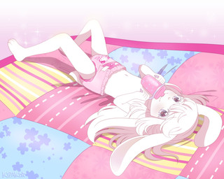 anthro bed blue_eyes clothed clothing diaper diaper_only drinking female flat_chested fur furniture hair loli long_hair looking_at_viewer lying navel on_back on_bed pink_diaper rabbit_ears scut_tail short_tail sippy_cup solo tail text topless wearing_diaper white_body white_fur white_hair young kipaki penelopebun lagomorph leporid mammal artist_name full-length_portrait hi_res portrait
