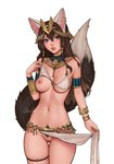 accessory areola armband big_tail biped black_tail blue_eyes bracelet braided_hair breasts brown_eyebrows brown_hair brown_pubes clothing clothing_aside crotch_apron dipstick_tail ear_piercing ear_ring egyptian egyptian_clothing eyebrows eyelashes female female_humanoid fingernails fingers fur furry_tail genitals gold_(metal) gold_jewelry hair hair_accessory hair_between_eyes headgear headwear inner_ear_fluff innie_pussy jewelry legband light_body light_skin lips long_hair long_tail markings medium_breasts mouth_closed nails navel nipples one_breast_out piercing pink_areola pink_inner_ear pink_lips pink_nipples pubes pupils pussy ring_piercing simple_background slim slim_female slim_humanoid solo tail tail_markings tuft usekh white_background white_ears white_inner_ear_fluff white_tail_tip quilm kiara_(fasstaff) animal_humanoid humanoid mammal mammal_humanoid hi_res portrait three-quarter_portrait