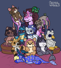 anthro female group hug hugging_object hugging_plushie implied_transformation inanimate_transformation plush_stuffing plushie plushification stitch_(sewing) transformation kiri-anko nintendo pokemon anna_magenta april_(duhad) jay_(goldengryphon) pawsetto american_opossum amphibian aquatic bovid bovine canid canine cattle fish frog generation_4_pokemon hyena kangaroo lucario macropod mammal marsupial murid murine pokemon_(species) rat rodent shark hi_res