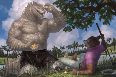 5_fingers anthro biceps bottomwear brown_body brown_fur claws clock clothed clothing cloud duo fingers footwear fur golf_ball golf_club golf_course grass holding_object larger_male male muscular muscular_anthro muscular_male narrowed_eyes open_mouth outside partially_submerged pecs plant scales sharp_teeth shirt shoes size_difference sky smaller_male teeth topless topwear tree watch water white_body white_scales taran_fiddler canid canine canis crocodile crocodilian mammal reptile scalie wolf 2021 digital_media_(artwork) hi_res