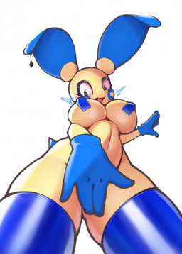 4_fingers anthro big_breasts biped blue_clothing blue_ears blue_legwear blush breasts clothed clothed_anthro clothed_female clothing female female_anthro fingers humanoid_hands legwear nipple_outline open_mouth solo standing tongue ayzcube nintendo pokemon generation_3_pokemon minun pokemon_(species) hi_res