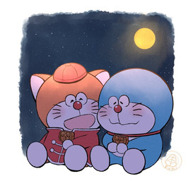 anthro blue_body blue_fur clothed clothing collar dark duo eyes_closed food fur headgear headwear logo machine male moon mouth_closed night open_mouth orange_body orange_fur red_collar red_nose sitting sky text whiskers white_body white_fur yiqiyisu_sumi doraemon the_doraemons doraemon_(character) wang_dora domestic_cat felid feline felis mammal robot 2022 artist_logo artist_name shaded