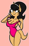 anthro big_breasts black_hair breasts cleavage clothed clothing eyebrow_through_hair eyebrows female fur green_eyes hair one-piece_swimsuit pink_background simple_background solo standing swimwear tan_body tan_fur translucent translucent_hair gold-white-kott nickelodeon t.u.f.f._puppy kitty_katswell domestic_cat felid feline felis mammal 2024 digital_drawing_(artwork) digital_media_(artwork) hi_res