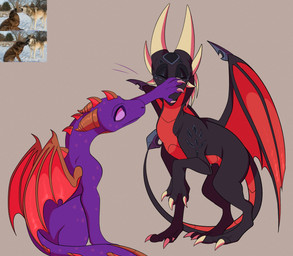 4_toes all_fours black_body canon_couple claws cuddling duo face_slap feet female feral green_eyes horn male multi_horn purple_body purple_eyes slap smile tail tail_coil toes wings wraps plaguedogs123 activision mythology spyro_the_dragon cynder spyro canid canine canis dragon mammal mythological_creature mythological_scalie scalie wolf 2025 absurd_res digital_media_(artwork) hi_res reference_image