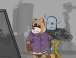 anthro belly brown_body clothing duo grey_body machine male red_nose shirt slightly_chubby topwear fritap4p4 robot_dreams rascal_(robot_dreams) robot_(robot_dreams) mammal procyonid raccoon robot 2024 hi_res