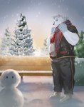 anthro bench bottomwear clothing detailed_background humanoid_hands kemono male outside pants plant scarf shirt snow snowing snowman solo topwear tree white_body winter muxiong233 knights_college paul_pfitzner bear mammal polar_bear ursine 2023 hi_res