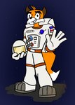 anthro armor astronaut backpack boots clothing footwear fur gesture happy headgear helmet holding_object looking_at_viewer male name_tag orange_body orange_fur orange_stripes patch_(fabric) shoes simple_background smile smiling_at_viewer solo space spacesuit standing stripes waving waving_at_viewer muddy_(artist) rick_(muddy) canid canine fox mammal colored_sketch hi_res signature sketch