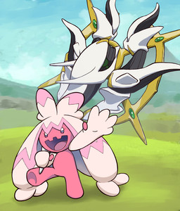 axe blue_eyes cloud gesture grass green_eyes hair looking_at_viewer melee_weapon mountain open_mouth pink_body pink_hair pink_skin plant sky smile tongue waving weapon drawer. nintendo pokemon arceus generation_4_pokemon generation_9_pokemon legendary_pokemon pokemon_(species) tinkaton 2022 absurd_res digital_media_(artwork) hi_res