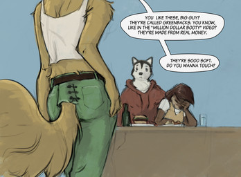 anthro black_body black_fur black_nose bottomwear brown_body brown_fur brown_hair burger butt clothed clothed_anthro clothed_female clothed_male clothing dialogue female food fur furgonomic_bottomwear furgonomics group hair larger_male male male/female multicolored_body multicolored_fur shirt sitting size_difference smaller_female speech_bubble tail tan_body tan_fur tank_top text topwear trio two_tone_body two_tone_fur white_body white_fur slate windfall_(book) cindy_(tempo321) kylie_bevy max_saber bird_dog canid canine canis domestic_dog hunting_dog husky mammal mustelid nordic_sled_dog otter spaniel spitz 2019 english_text
