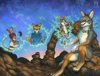 4_toes 5_fingers ambiguous_gender anthro barefoot beverage black_pawpads bottle bottomwear cheek_tuft chest_tuft claws clothing collar container cybernetics desert detailed_background digitigrade drunk eyes_closed facial_tuft feet fingers fur gloves_(marking) green_eyes group holding_object inner_ear_fluff loincloth machine magic map markings multicolored_body multicolored_fur nude open_mouth open_smile outside pawpads rock shirt sitting size_difference sky smile soles star starry_sky substance_intoxication tail tail_tuft teeth toe_claws toes tongue topwear tuft twilight two_tone_body two_tone_fur yellow_eyes kacey bengal_cat canid canine canis coyote cyborg dipodid domestic_cat felid feline felis jerboa lagomorph leporid mammal rabbit rodent 2019 acrylic_painting_(artwork) gouache_(artwork) mixed_media painting_(artwork) traditional_media_(artwork) traditional_painting_(artwork)