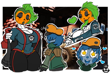 big_breasts black_sclera blush breasts cleavage clothed clothing duo female for_a_head green_hair green_tongue hair long_tongue machine male not_furry pumpkin_head star_eyes suspenders thick_thighs tongue yellow_eyes christomwow fallout microsoft minecraft mojang xbox_game_studios snow_punk android golem_(minecraft) humanoid object_head robot snow_golem_(minecraft) hi_res