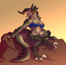 3_toes anthro bedroom_eyes big_breasts big_butt bodily_fluids bottomless bottomless_anthro breasts butt claws cleavage clothed clothing curvy_figure digitigrade feet female finger_claws front_view furgonomics furry-specific_piercing gradient_background green_body green_scales horn horn_jewelry horn_piercing huge_butt jewelry looking_at_viewer narrowed_eyes non-mammal_breasts piercing red_eyes saliva saliva_on_tongue saliva_string scales seductive simple_background sitting soles solo tail thick_thighs toe_claws toes tongue tongue_out vault_suit voluptuous wide_hips yellow_background rube fallout microsoft deathclaw scalie hi_res signature