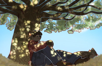 anthro barefoot black_nose bottomwear brown_clothing brown_hoodie brown_topwear clothed clothing dappled_light day detailed_background eyewear feet fully_clothed fur glasses grass grey_body grey_bottomwear grey_clothing grey_fur grey_hair grey_pants hair hindpaw hoodie leaning_on_tree low-angle_view male outside pants paws pink_inner_ear plant plantigrade round_glasses short_hair sitting sitting_on_ground solo tail topwear tree wearing_glasses crownedvictory wix_(skunkwix) mammal mephitid skunk striped_skunk 2025 absurd_res digital_drawing_(artwork) digital_media_(artwork) hi_res shaded