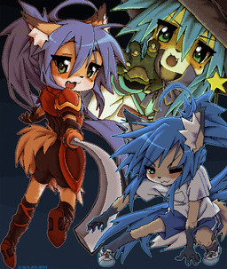 5_claws 5_fingers :3 ahoge alternate_costume alternate_species anthro armor asian_clothing athletic_wear big_eyes blue_hair blush bottomwear brown_body brown_fur butt claws clothed clothed_anthro clothed_female clothing cute_fangs dipstick_ears dipstick_tail ear_markings east_asian_clothing eyebrows fangs female female_anthro finger_claws fingers footwear fully_clothed fully_clothed_anthro fully_clothed_female fur furgonomic_topwear furgonomics furrification glistening glistening_eyes gloves gloves_(marking) green_eyes gym_bottomwear gym_shorts hair handpaw handwear holding_melee_weapon holding_object holding_sword holding_weapon inner_ear_fluff iris japanese_clothing japanese_school_uniform kemono long_socks looking_at_viewer markings melee_weapon mole_(marking) multicolored_body multicolored_ears multicolored_fur multiple_poses one_eye_closed open_:3 open_mouth open_smile orange_body orange_fur orange_tail pauldron pawpads paws pointy_ears pose prick_ears pupils school_uniform serafuku shirt shoes shorts smile socks solo sword tail tail_markings teeth text topwear tuft uniform weapon white_body white_clothing white_fur white_inner_ear_fluff white_sclera white_shirt white_tail_tip white_topwear wakazhi lucky_star konata_izumi canid canine fox mammal 2026 artist_name digital_media_(artwork) dithering hi_res pixel_(artwork) shaded