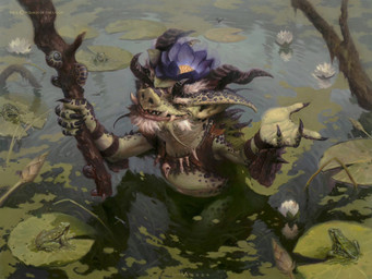 4_fingers ambiguous_gender beard facial_hair fingers flower_on_head green_body group holding_object holding_staff horn humanoid_pointy_ears lily_pad male plant pointy_ears smile staff white_beard white_facial_hair victor_adame_minguez hasbro magic:_the_gathering wizards_of_the_coast amphibian frog humanoid troll_(mythology) 2024 4:3 official_art traditional_media_(artwork)