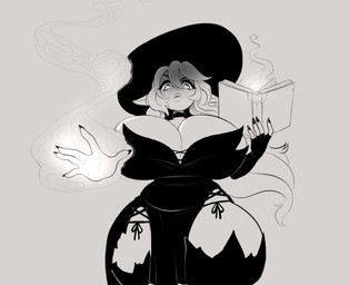 5_fingers anthro big_breasts black_clothing book breasts bulging_eyes clothed clothing female fingers glistening glistening_eyes hair hat headgear headwear huge_breasts huge_thighs lace lips long_hair low-angle_view magic magic_user neckwear panties side-tie_panties skimpy solo thick_thighs torn_clothing underwear wide_hips witch witch_hat jinx_doodle character_request hi_res