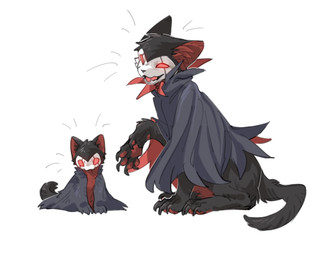 ambiguous_gender black_body cloak clothed clothing daww duo feral fur inner_ear_fluff larger_ambiguous open_mouth pawpads paws quadruped red_eyes simple_background sitting size_difference smaller_ambiguous tail tongue tuft white_background aaasakawa hollow_knight_(franchise) team_cherry grimm_(hollow_knight) grimmchild_(hollow_knight) felid feline mammal 2025 father_(lore) father_and_child_(lore) male_(lore) parent_(lore) parent_and_child_(lore)