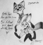 anthro barefoot bite biting_lip biting_own_lip bottomwear clothed clothing duo feet female fur heart_symbol inner_ear_fluff larger_male looking_at_viewer male necktie pants self_bite shirt size_difference smaller_female smile text topwear tuft walking feverwildehopps disney zootopia judy_hopps nick_wilde canid canine fox lagomorph leporid mammal rabbit red_fox true_fox 2016 english_text greyscale hi_res monochrome