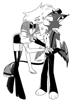 4_arms anthro boots bow_tie cleavage_cutout clothed clothing cutout duo feathered_wings feathers footwear hat headgear headwear high_heeled_boots high_heels kissing_cheek legwear male multi_arm multi_limb shoes simple_background suspenders thigh_boots thigh_highs white_background wings enaic31 hazbin_hotel hellaverse angel_dust husk_(hazbin_hotel) arachnid arthropod demon domestic_cat felid feline felis humanoid mammal spider absurd_res hi_res monochrome