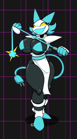anthro big_breasts bikini black_background black_body blue_bikini blue_body blue_boots blue_clothing blue_footwear blue_swimwear blush blush_stickers boots breasts clothing empty_eyes eyelashes female floating_hands footwear front_view holding_object holding_whip machine open_mouth open_smile shoes shoulder_pads simple_background smile solo swimwear thick_thighs two-piece_swimsuit whip white_body white_boots white_clothing white_footwear wide_hips yellow_eyes miobadders deltarune undertale_(series) tasque_manager darkner felid mammal robot robot_anthro absurd_res hi_res