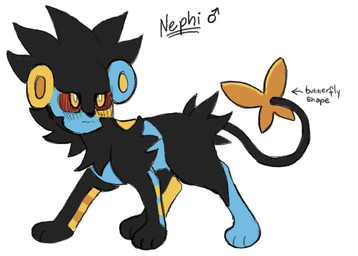 black_body black_fur blue_body blue_fur dipstick_tail feral fur looking_up male markings red_sclera solo standing tail tail_markings text yellow_eyes yellow_markings yellow_tail_tip binkybnuuy nintendo pokemon fan_character nephi_(binkybnuuy) felid generation_4_pokemon half_shiny_pokemon luxray mammal pokemon_(species) hi_res model_sheet