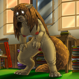 5_claws 5_fingers 5_toes anthro areola big_breasts biped book breasts brown_tail claws clitoris detailed_background digitigrade fangs feet female finger_claws fingers front_view fur furniture genitals glowing glowing_eyes hair inside light light_beam long_hair mirror nipples nude nude_anthro nude_female pile_of_books pink_areola pink_clitoris pink_nipples pink_vulva smile snout solo standing sunbeam sunlight table tail tan_body tan_breasts tan_claws tan_ears tan_fur teeth toe_claws toes vulva white_claws white_eyes window wood wood_furniture wood_table kitsune_youkai fullmetal_alchemist nina_tucker canid canine canis chimera domestic_dog mammal tucker_chimera_(fma) 1:1 2026 digital_media_(artwork)