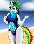 anthro beach belly_cutout black_hair blue_body blue_clothing blue_eyes blue_fur blue_swimwear breasts bulge clothing cloud cutout dark_sclera fur green_hair gynomorph hair intersex looking_at_viewer multicolored_body multicolored_fur one-piece_swimsuit open_mouth sand seaside sharkini sky solo swimwear tail teeth two_tone_body two_tone_fur white_body white_fur darkdukewolf mythology elissabeth_(darkdukewolf) canid canine canis domestic_dog dragon hybrid mammal mythological_creature mythological_scalie scalie absurd_res hi_res