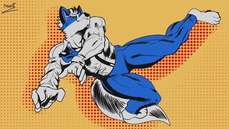 anthro barazoku clothed clothing feet fur male muscular muscular_anthro muscular_male pop_art solo white_body white_fur pinumontbalou echo_(series) echo_project the_smoke_room jim_sterling_(the_smoke_room) canid canine canis fox mammal hi_res