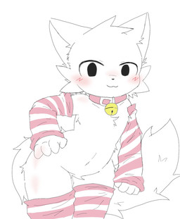 anthro belly black_eyes black_nose blush choker clothing femboy fluffy fluffy_tail fur jewelry legwear male necklace pink_choker pink_clothing pink_jewelry pink_necklace pink_stockings simple_background solo standing stockings tail white_body white_fur chan_woo boy_kisser_(meme) hi_res meme