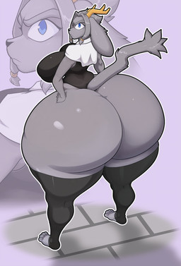 anthro antlers big_breasts big_butt black_clothing black_legwear black_leotard black_nose blue_eyes breasts butt butt_squish clothing ears_down eyebrows female grey_body grey_ears grey_eyebrows grey_hair grey_tail hair hand_on_butt hand_on_own_butt high-angle_view horn huge_butt huge_thighs hyper hyper_butt legwear leotard looking_at_viewer looking_back looking_back_at_viewer pivoted_ears purple_background rear_view simple_background solo squish tail thick_thighs fruitybootydx pseudoregalia sybil_(pseudoregalia) hybrid jackalope lagomorph leporid mammal rabbit 2026 absurd_res colored digital_media_(artwork) hi_res shaded