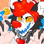 4_fingers anthro big_claws claw_pose claws clown clown_nose collar finger_claws fingers freckles hair male metal_collar open_mouth red_hair simple_background snaggle_tooth solo spiral_eyes white_body ziboe logan_(lambiechops) hyena mammal 1:1 colorful_theme digital_media_(artwork)