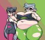 belly big_belly big_breasts breasts clothing duo female gloves handwear overweight simple_background thick_thighs white_body white_skin yellow_eyes maniacalfork nintendo splatoon callie_(splatoon) marie_(splatoon) squid_sisters_(splatoon) animal_humanoid cephalopod cephalopod_humanoid humanoid inkling marine marine_humanoid mollusk mollusk_humanoid 2024 cousins_(lore)