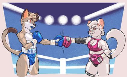 age_difference albino anthro boxing boxing_gloves boxing_trunks breasts briefs cleavage_cutout clothing cutout duo female fight fighting_ring fur handwear imminent_fight imminent_violence male male/female mature_female older_female size_difference sport sports_panties underwear white_body white_fur younger_male dcheese suelita_mendoza chinchilla chinchillid domestic_cat felid feline felis mammal rodent 2022 absurd_res digital_media_(artwork) hi_res