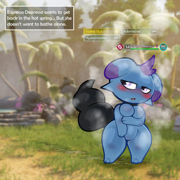 anthro blue_body blue_fur blush bodily_fluids breasts featureless_breasts featureless_crotch female fur screencap screencap_background shortstack solo standing steam sweat text wet softestpuffss palworld pocketpair depresso pal_(species) 1:1 absurd_res english_text hi_res