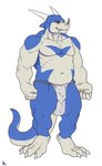 anthro asian_clothing balls_outline bandai_namco bulge claws clothing detailed_bulge digimon digimon_(species) digimorph east_asian_clothing facial_horn fangs fundoshi genital_outline genitals horn japanese_clothing male muscular muscular_male navel nose_horn pecs penis_outline rossciaco solo teeth underwear veedramon