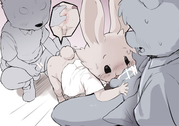 5_fingers anal anal_fingering anthro anus biped blush censor_bar censored_genitalia censored_penis clothing erection fingering fingers foreskin genitals group humanoid_genitalia humanoid_penis male male/male penis school_uniform trio uniform young young_anthro young_male manmosu_marimo lagomorph leporid mammal rabbit censored