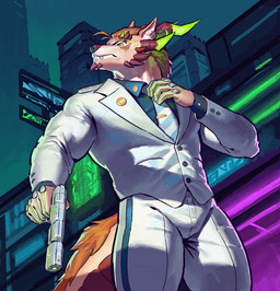 5_fingers accessory anthro bionic_eye bionics biped blue_bottomwear blue_clothing blue_collared_shirt blue_horn blue_necktie blue_pants blue_shirt blue_topwear bottomwear brown_hair brown_mane city city_background clothed clothed_anthro clothed_male clothing collared_shirt cybernetic_eye cybernetic_implant cybernetics detailed_background eyebrow_spikes facial_spikes fingers front_view fully_clothed fully_clothed_anthro fully_clothed_male furrowed_eyebrows green_eyes green_pupils gun hair handgun head_horn head_turned holding_gun holding_handgun holding_object holding_pistol holding_ranged_weapon holding_weapon horn inner_ear_fluff looking_aside low-angle_view machine male mane muscular muscular_anthro muscular_male necktie outside overbite pants pistol pointy_ears pupils ranged_weapon red_horn shirt sky snout solo spikes spikes_(anatomy) suit tail_mane tan_body teeth tight_bottomwear tight_clothing tight_topwear topwear tuft weapon white_bottomwear white_clothing white_inner_ear_fluff white_necktie white_pants white_sclera white_suit kingarthur_i mythology string_zero darek_(string_zero) dragon eastern_dragon mythological_creature mythological_scalie scalie wingless_dragon 2024 digital_drawing_(artwork) digital_media_(artwork) hi_res portrait three-quarter_portrait