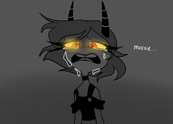 dialogue eyelashes female hair horn long_eyelashes red_eyes simple_background solo tears_of_sadness text yellow_sclera emositecc hellaverse helluva_boss millie_(helluva_boss) demon demon_humanoid humanoid imp english_text spot_color